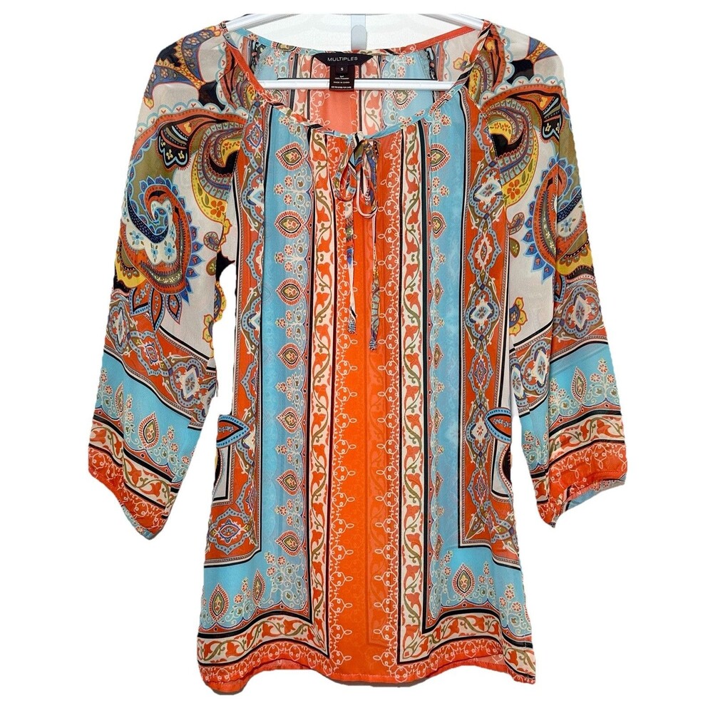 Multiples Boho Paisley Blouse Tie Neck 3/4 Sleeve Colorful Small
